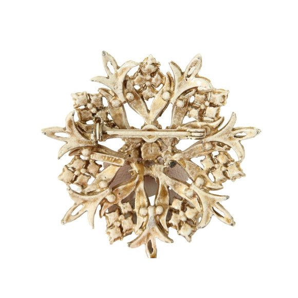 Vintage FLORENZA Pink Rhinestone Gold Tone Antiqued Enamel Flower Brooch - Picture 3 of 5